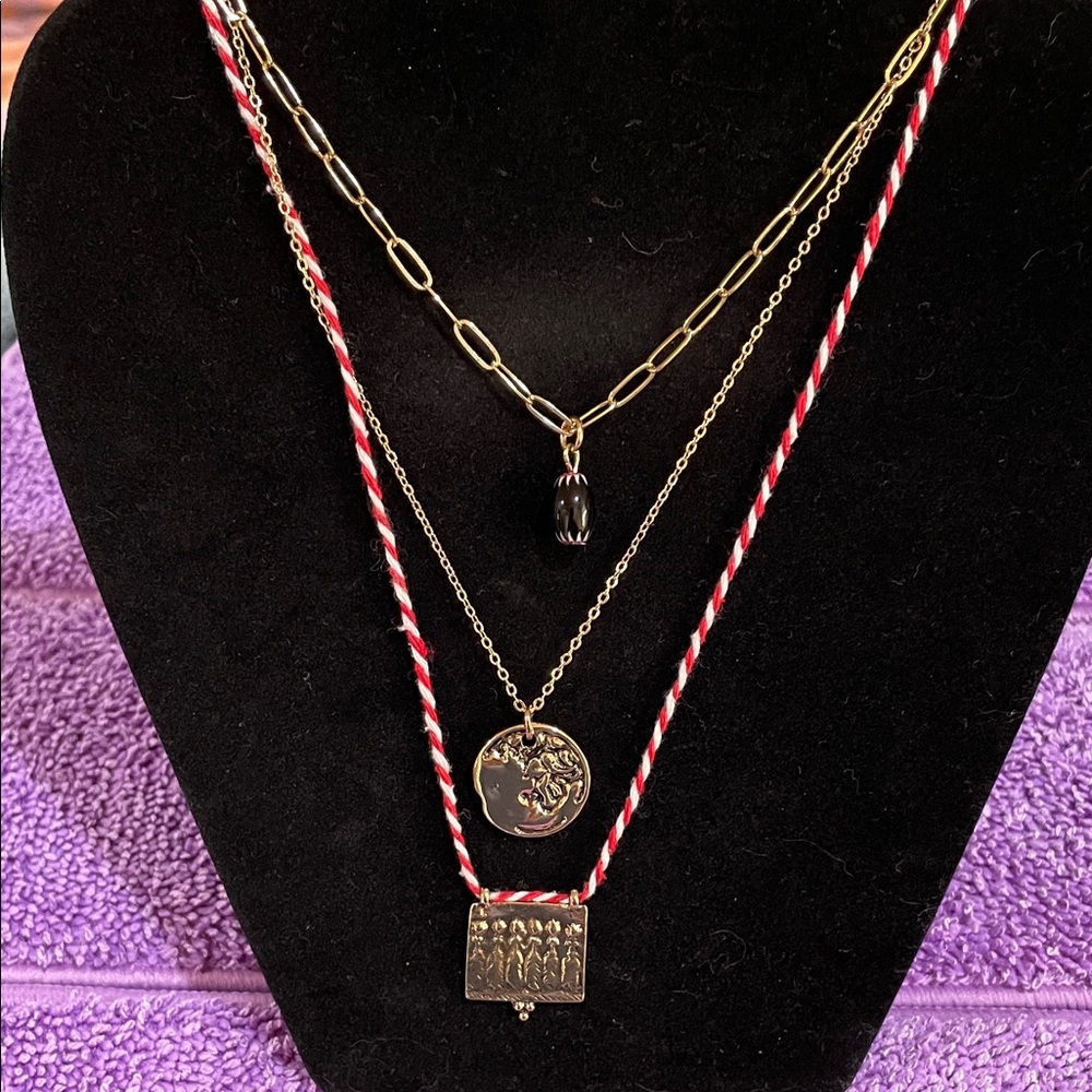 Free People Lenker Layered Necklace Gold with Red & White NWT